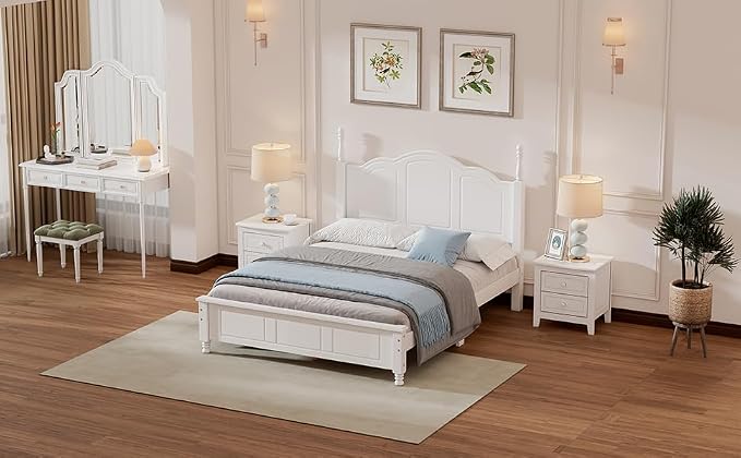 Harper & Bright Designs 3 Pieces Full Size Bedroom Sets, Solid Wood Platform Bed Frame with Heeadboard, 2 Nightstands, Farmhouse Design Full Bedroom Furniture Sets, Easy to Assemble (White)