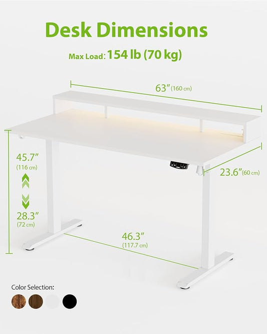 Agilestic 63x24 Inch Electric Standing Desk with Shelf, Height Adjustable with Power Outlets & LED, Sit Stand up Table with Monitor Stand, Computer Workstation, White