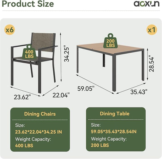 Aoxun 7-Piece Patio Table and Chairs Set for 6, All Weather Outdoor Dining Set with 6 Textilene Chairs and 1 Rectangular Metal Table, Patio Dining Sets for Backyard, Garden and Poolside, Brown