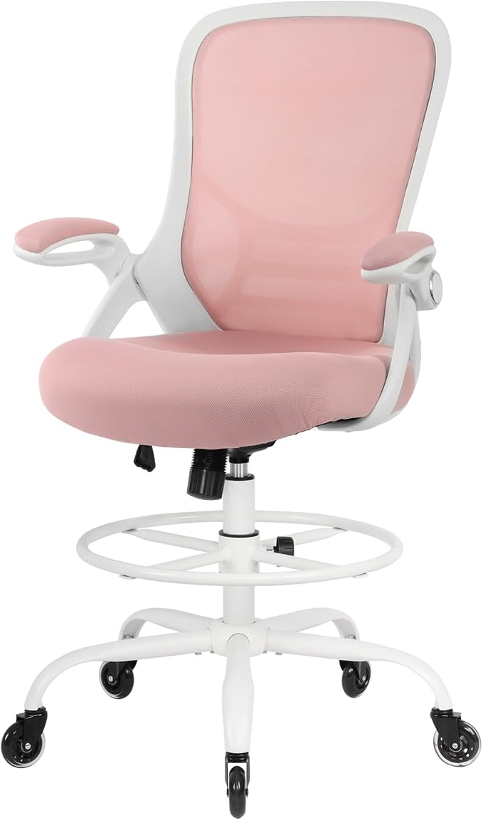 HYLONE Drafting Chair Tall Office, Ergonomic Standing Desk Stool Adjustable Big and Tall Drafting Office Chair with Flip-Up Armrests, Mesh, Pink