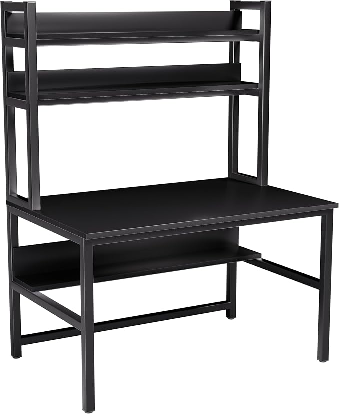 Aquzee Computer Desk with Hutch and Bookshelves, Large Leg Room 55 inch Width Black Desk with Space Saving Storage Shelves, Easy Assemble and All Hardware and Tools Included