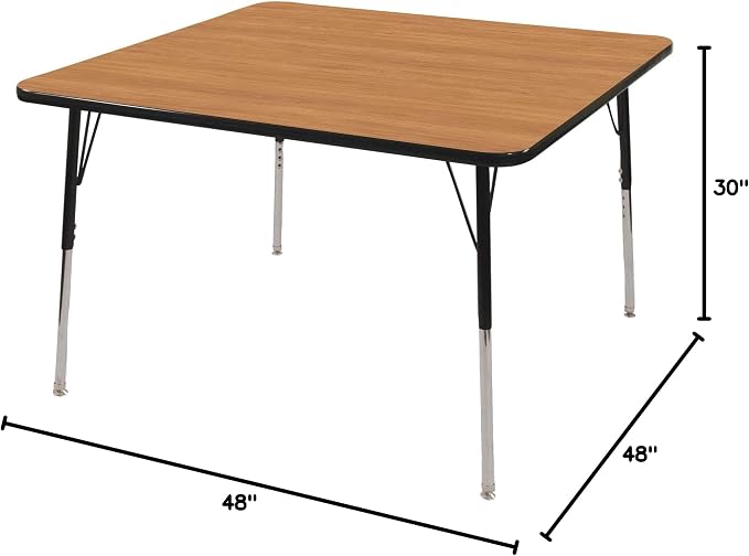 Norwood Commercial Furniture Adjustable Height Classroom Activity Table for Kids & Adults, Square Activity Table for School and Home, Pasadena Oak/Black, 48" W x 48" L