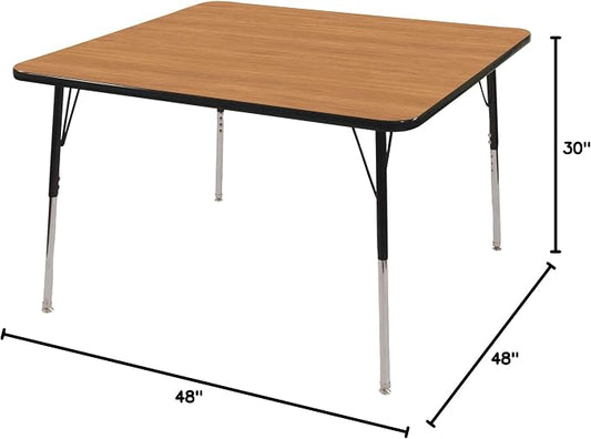 Norwood Commercial Furniture Adjustable Height Classroom Activity Table for Kids & Adults, Square Activity Table for School and Home, Pasadena Oak/Black, 48" W x 48" L