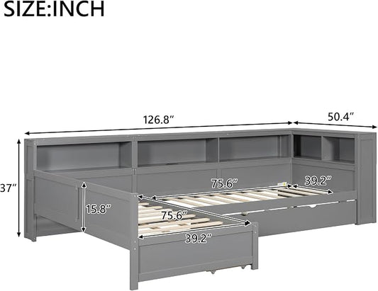Bellemave L Shaped Corner Bed for 2 Kids, Double Twin Platform BedFrame with Trundle and 5 Storage Shelves, Charging Station, Gray
