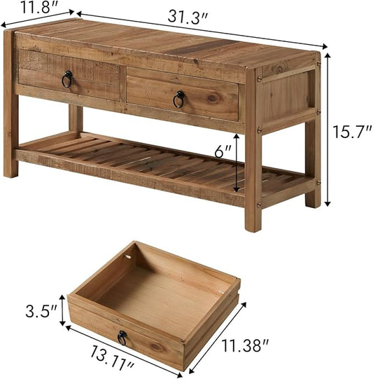 Wnutress 31.3" Reclaimed Solid Wood Benches with 2 Drawers & Slatted Storage Shelf, Rustic Farmhouse Long Entryway Bench Seat for Indoor, End of Bed, Living Room, Hallway, Natural Finsh