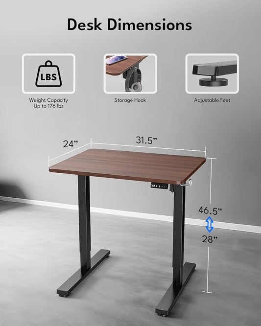Standing Desk, Height Adjustable Electric Stand up Desk, 31.5 x 24 Inches Sit Stand Home Office Desk with Splice Board, Black Frame/Walnut Top