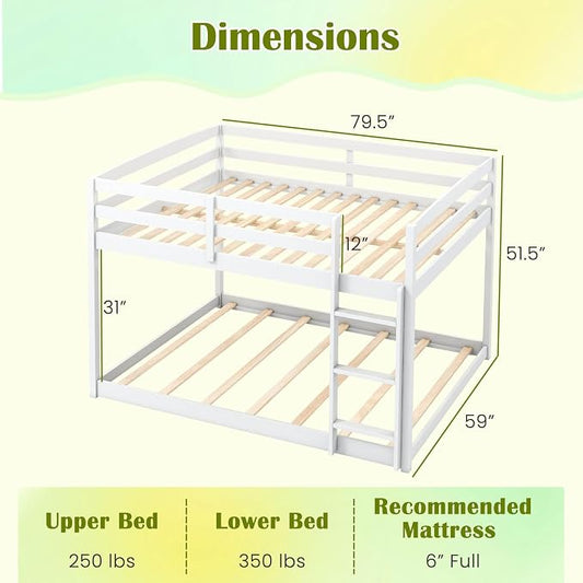 Giantex Full Over Full Bunk Bed, Solid Wood Kids Bunk Bed with Full-Length Guardrails, Integrated Ladder & Anti-Tippling Kits, Low Bunk Beds with Slats Support for Kids, Teens, White