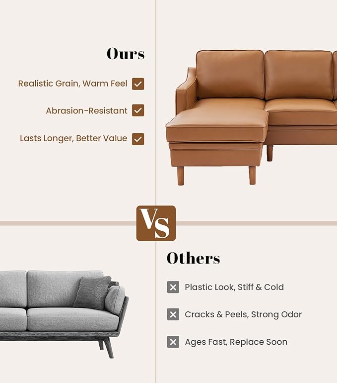 Kingfun 88" L-Shape Sofa, Faux Leather Sectional Couch, Mid Century Modern Couches with Solid Wood Frame for Living Room Bedroom
