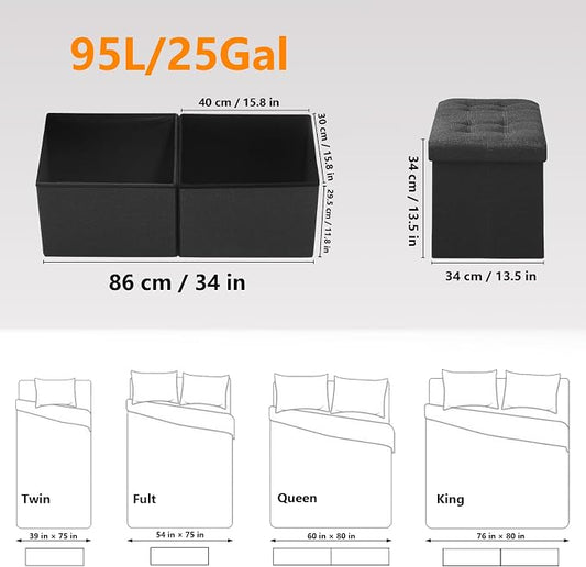 AmasSmile Storage Bench Folding Ottoman Foot Rest Stool, 34 inch Black Linen Footstool, Short Ottoman Bench, Foot Rest Store as Books, and Blanket Storage or Others