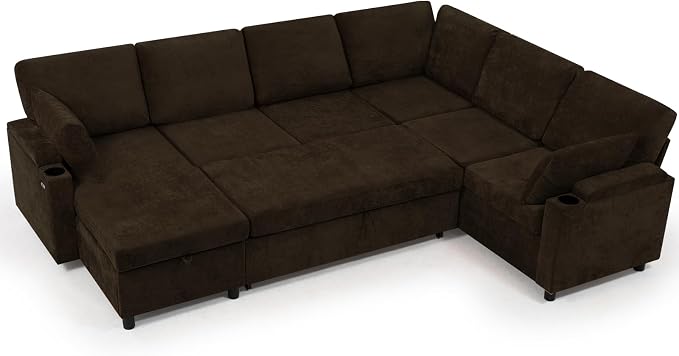 110" Chenille Sectional Sofa w/Pull Out Bed & Storage Chaise, Brown | Reversible U Shape Sofa w/Storage Armrests & Cup Holders, Corner Couch w/USB Charging Port & Throw Pillows for Living Room