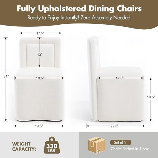 Hyfirm Upholstered Dining Chairs No Assembly, Set of 2 Modern Parsons Armless Kitchen Chairs with Padded Seat Cushion, Ready-to-Use White Linen Accent Side Chair for Diningroom Living Room Bedroom