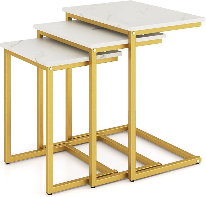 GOFLAME Nesting Coffee Tables Set of 3, Rectangular Nesting Center Table with Faux Marble Top & Metal Frame, Modern C-Shaped Nested Side Table Set for Living Room, Bedroom, Gold & White