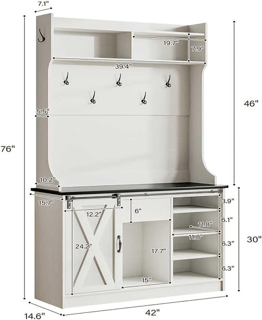 4ever2buy Farmhouse Hall Tree with Bench 5-in-1 Entryway Bench with Coat Rack with Sliding Barn Doors Entryway Coat Rack with Shoe Storage