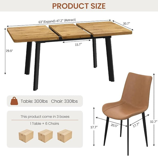 Extendable Dining Table Set for 4 to 8 People, 47.2" to 63" Modern Kitchen Table Set with 6 Leather Chairs, MDF Dining Room Table and Chairs with Removable Extension Leaf (Walnut Table+Brown Chairs)
