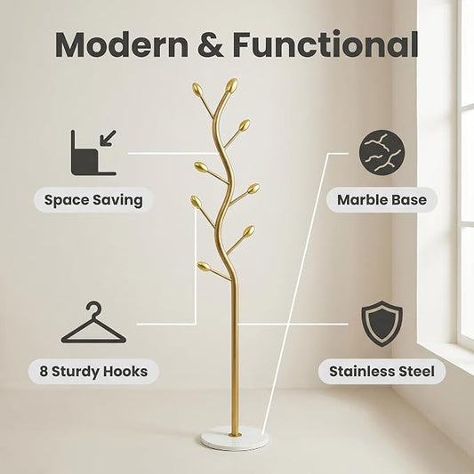 Coat Rack Freestanding, Artistic Tree-Shaped Gold Metal Hall Tree with Heavy-Duty Marble Base, Elegant Corner Garment & Purse Tree with 8 Rounded Hooks for Entryway, Bedroom, Office