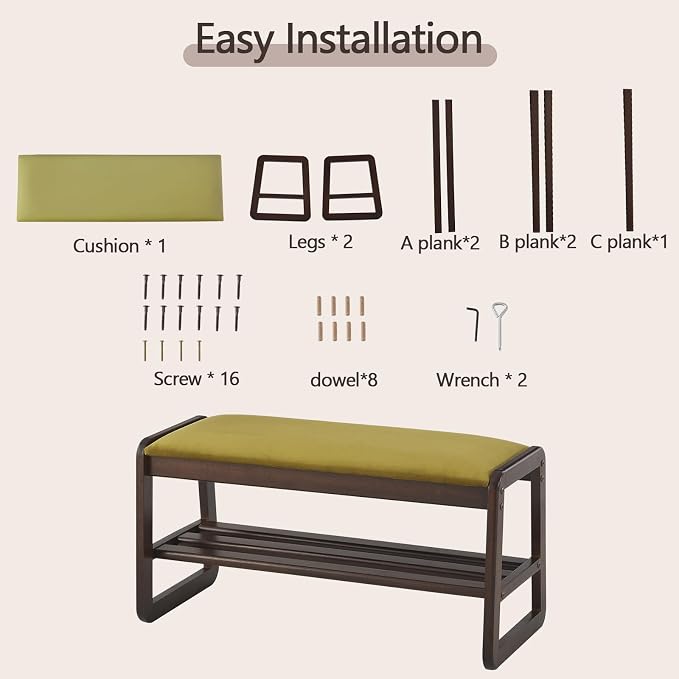 Achicsofar Shoe Rack Bench,2 Tier Solid Wooden Entryway Bench with Shoe Storage, Shoe Rack with Cushion for Living Room, Hallway(Olive Green, 31.5")