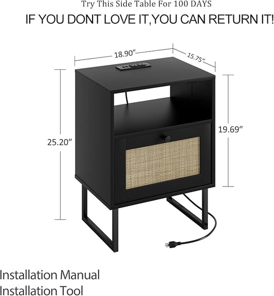 Masupu Extra Large Rattan Nightstand,Boho Night Stand Modern Farmhouse Wood Bedside Table with Storage Drawer and Open Shelf,Side End Table for Bedroom,Living Room,Black