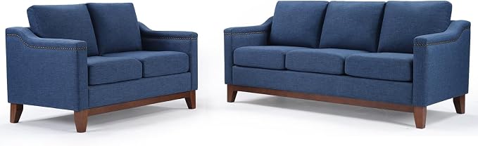 HAOMARKETS Modern 2 Piece Sofa Set with Rivets, Included Fabric Loveseat 2-Seater Sofa and Upholstered 3-Seater Couches with Solid Wood Legs, Living Room Furniture Set,Blue