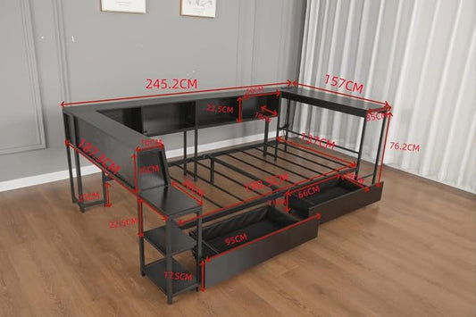 Bellemave Full Corner Bed Frame with Desk and Storage, Full Size Captains Bed with Charging Station and LED Light, Wood Daybeds with L-Shaped Bookcase and 2 Drawers, Black
