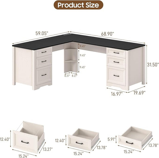 Vabches Wood L Shaped Executive Desk with 6 Drawers, Farmhouse Home Office Desk with Power Outlets and Triangle Under-Desk Storage Shelf & Drawer File Cabinet, Corner Computer Desk, Black