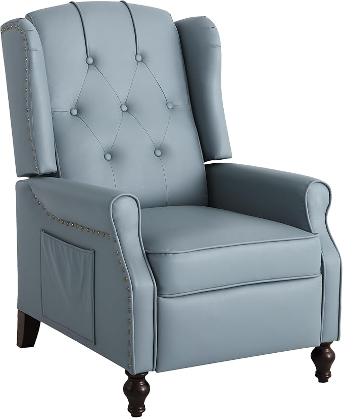 Wingback Recliner Chair with Massage and Heat, Tufted PU Leather Push Back Arm Chair for Living Room Vintage Recliner Chair with Remote Control, Padded Cushion, Backrest (Blue-PU)