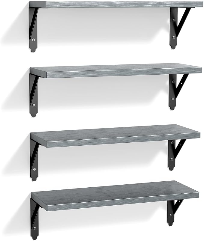 ROMGUAR CRAFT Wood Floating Shelves Set of 4, Rustic Storage Decor Wall Shelves, Wall Mounted Shelf for Living Room, Bedroom 17" x 6", Grey