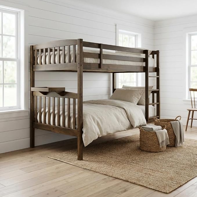 Kodiak Furniture Claire Wood Twin Over Twin Bunk Bed with Tray in Rustic Walnut Brown Finish - Mattresses Not Included