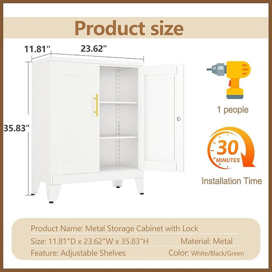 GAIOUS White Metal Pantry Cabinet with Lock(Two Units), Sideboard Buffet | Storage Cabient with Doors and 2 Adjustable Shelves, Multifunctional Kitchen Cupboard for Home Office, Buffet Table