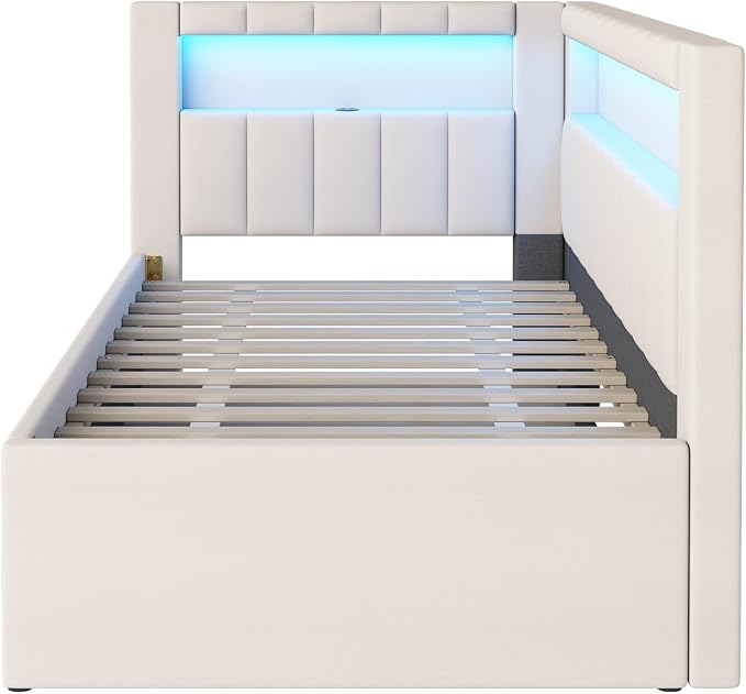 Merax Modern Upholstered Platform Bed Frame with USB Ports & Trundle Bed, Floor Sofa Day Bed, No Box Spring Needed/Easy Assemble/Twin,White