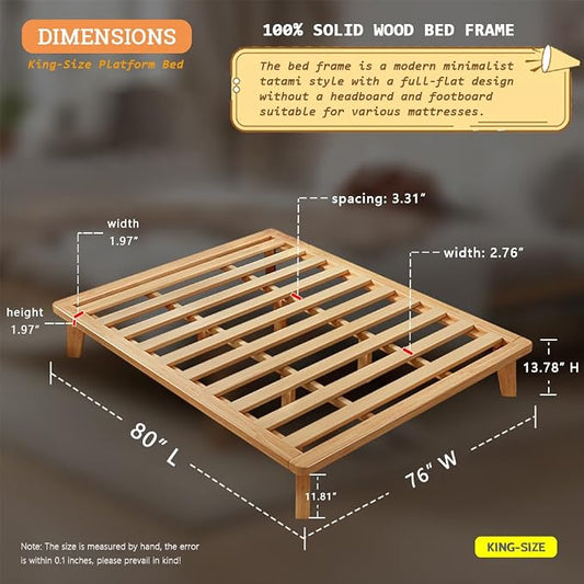 NELYE King Platform Bed Base - 14 Inch Solid Wood Mattress Foundation with Support Slats and Legs, King-Size Rubberwood Simple Bed Frame