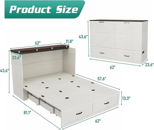Hlivelood Queen Size Murphy Chest Bed with Drawer and Charging Station, Farmhouse Wood Space-Saving Hidden Folding Bed Chest, Multifunctional Storage Cabinet Beds for Bedroom, Office, Rustic White