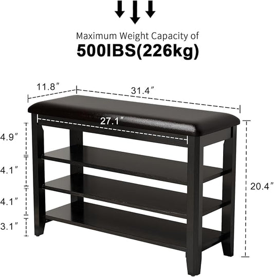 AQIMUELE Shoe Bench with Leather Cushion, 3 Tiers Shoe Storage Bench Height Adjustable, Walnut Wood Entryway Bench for Hallway, Mudroom