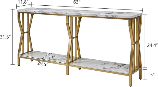 HOMISSUE Sofa Console Table, 63" Extra Long Sofa Table with 2-Tier Storage, Industrial Narrow Console Tables Behind Couch, Hallway Table for Entryway, Living Room,Gold