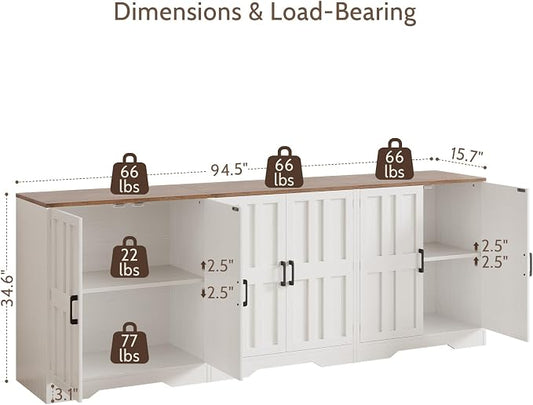 Sideboard Buffet Cabinet, Modern Farmhouse Kitchen Storage Cabinet, 94.5" Modular Accent Cabinet Coffee Station Bar Media Console Table Credenza for Kitchen Dining Room, Living Room Entryway Hallway