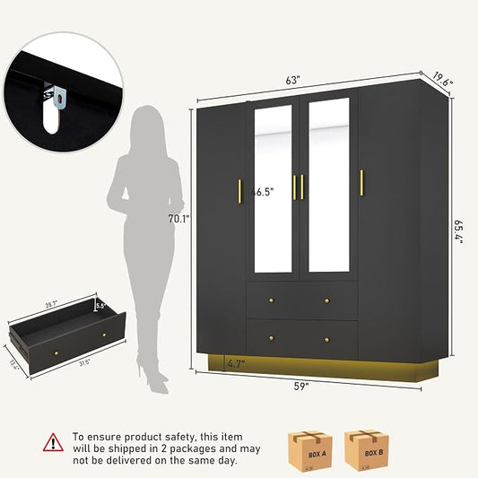 jiteentarou 4 Door Wardrobe Closet with Mirrors and LED Lights, Bedroom Armoire with Drawers and Shelves, Modern Wooden Armoire Wardrobe Closet with Hanging Rod for Bedroom, Black