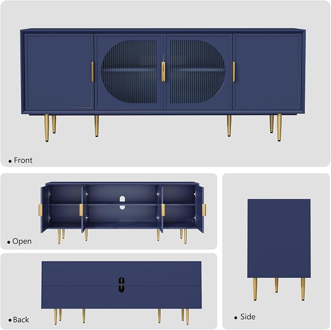 Blue TV Stand for TVs up to 75 Inch, 66" Modern Entertainment Center with Glass Door Storage, TV Cabinet Media Console for Living Room, Bedroom, Under TV Cabinet