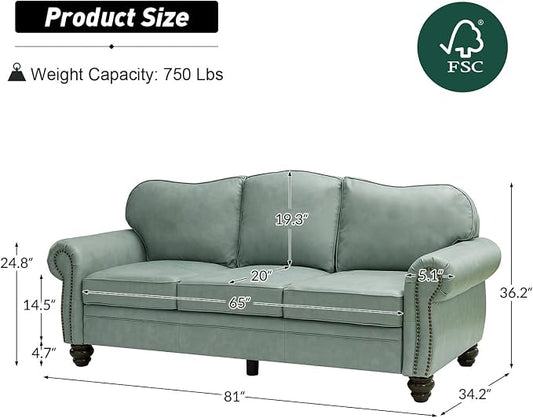 81" Genuine Leather Sofa, Classic 3-Seater Couchs with Wood Legs, Stylish & Comfortable Sofa for Living Room or Office, Easy Assembly and Maintain & Long-Lasting, Sage
