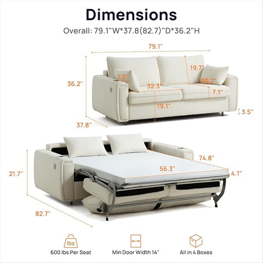 Pull Out Sofa Bed, No Cushion Removal, Queen Sleeper Sofa with USB Fast Charging, Memory Form Mattress, 2-in-1 Convertible Comfy Loveseat Couch Bed for RV, Apartment, and Small Spaces (White)