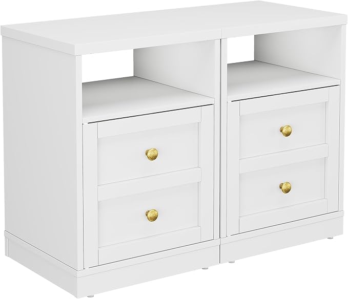 RoyalCraft White Nightstand Set of 2, End Table with Storage Shelf and Door, Faux Two-Drawer Design Side Table, Modern Night Stand for Bedroom Dorm, Wood Beside Table for Small Spaces