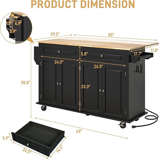 Hlivelood 63" Movable Kitchen Island with Drop Leaf and Power Outlet, Rolling Island Cart w/Storage Cabinet, Island Table on Wheels for Kitchen w/2 Drawers, Spice Rack, Towel Bar, Garage Hook, Black