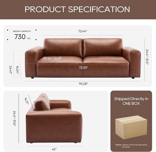 COLAMY PU Leather Sofa Couch, 95" Oversized Sofa Loveseat for Living Room, Comfy Love Seat Couch with Extra Deep Seats, Wide Arm, Down Filled 3-Seater Modern Sofa for Apartment/Lounge/Bedroom-Auburn