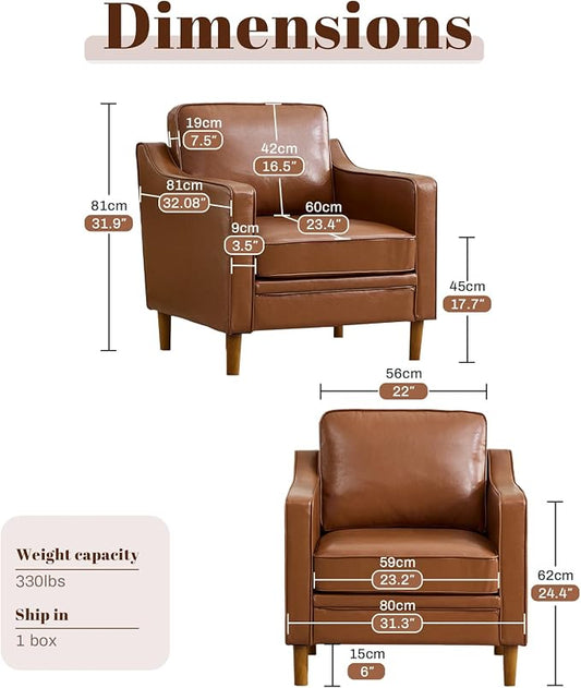 Kingfun Accent Chair Set of 2, Living Room Chairs, Faux Leather Reading Armchair, Mid Century with Solid Wood Foot, Upholstered Modern Decor for Bedroom, Apartment