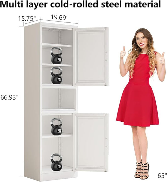 67" H Metal Tall Narrow Storage Cabinet, Freestanding Floor Cabinet with 2 Doors and Adjustable Shelves, Pantry Storage Cabinets for Bathroom, Living Room, Entryway and Kitchen (White)