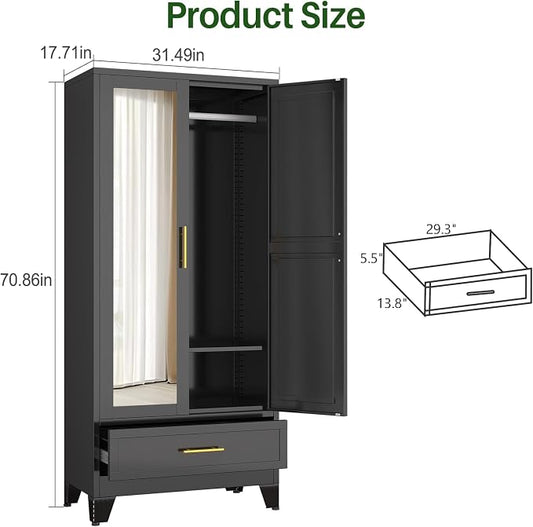 winiowa Metal Armoire Wardrobe Closet with Drawer, 71" Wardrobe Cabinet with Adjustable Shelves and Hanging Rod, Clothing Storage Cabinet Closet with Mirror for Bedroom-Black