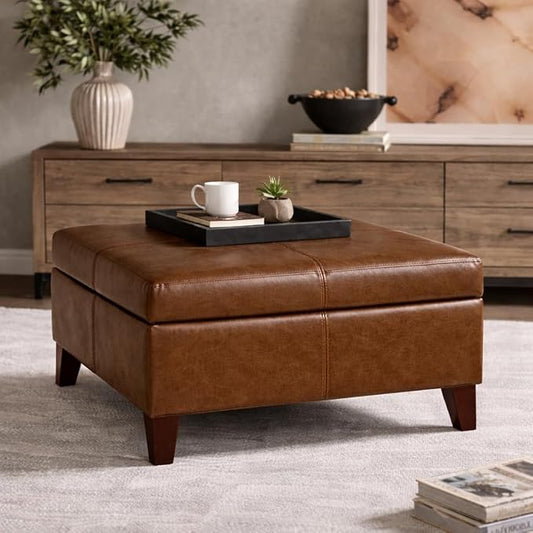 HomePop 28" Faux Leather Square Storage Ottoman - Brown