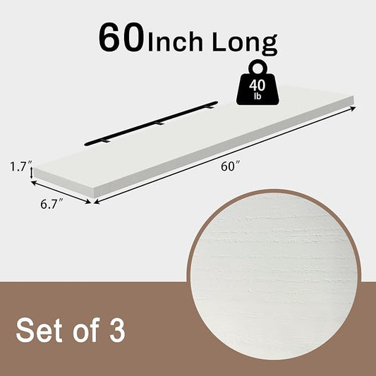Floating Shelves for Wall, 60 Inch Extra Long White Wall Shelves, Set of 3, Hanging Invisible Brackets Floating Shelves for Living Room,Bedroom,and Kitchen