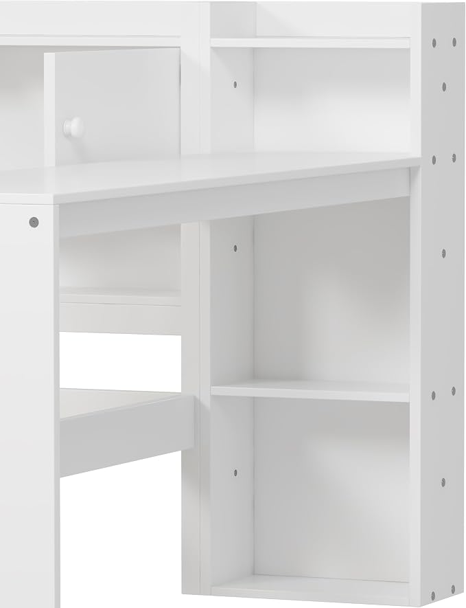 Bellemave Twin Size Corner Bed Frame, Twin Size Corner Beds with Storage Cabinets and Desk, Wood Daybed with Bookcase and Drawers, White