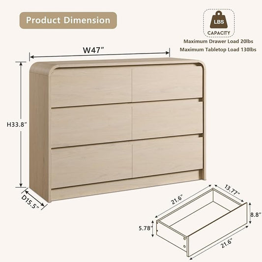 Aitjunz Modern 6 Drawers Dresser for Bedroom, 47" Wide Wood Dressers, Cream | Wooden Dressers & Chests of Drawers w/Curved Profile Design, Mid Century Dresser w/Handleless Design for Bedroom, Living Room