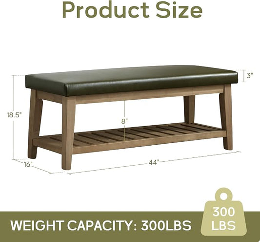 HUIMO Entryway Shoe Bench with Cushion, End of Bed Bench,Upholstered Bench for Kitchen, Bench with Solid Wood Shelf, Leather Ottoman Bench for Hallway, Living Room (PU-Green)