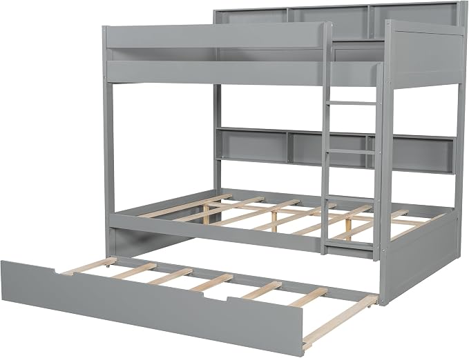 Harper & Bright Designs Rustic Wood Bunk Bed with Pull-Out Trundle, Full Over Full Wooden Bunk Bed with Large Cabinet Beside Upper and Down Bed, Gray
